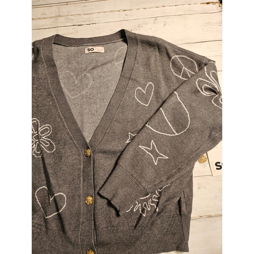 SO‎ Goods For Life Womens L Gray Cardigan Stars Suns Mushroom Doodle NWT